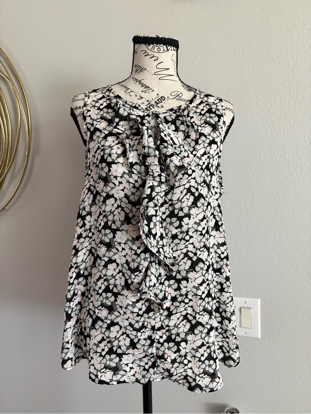 Elle Black Floral Print Sleeveless Top with Pink and Gray Accents